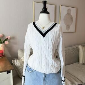 Fashion Nova Varsity Cable Knit Sweater (White + Black)